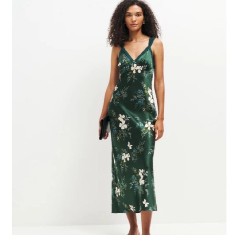 Reformation Neola Silk Dress in Portia Green White Floral Midi sleeveless 1335